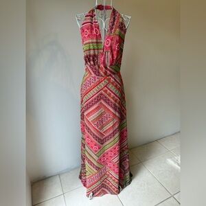 NWT Miguelina Silk Halter Maxi Dress Boho Floral Pink Green Made USA S backless